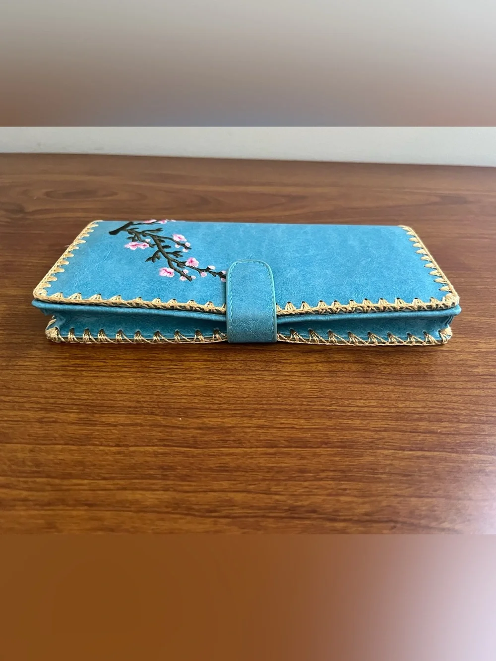 NWOT Sakura Embroidered Cherry Blossom Long Wallet Floral Clutch Woven Blue Snap